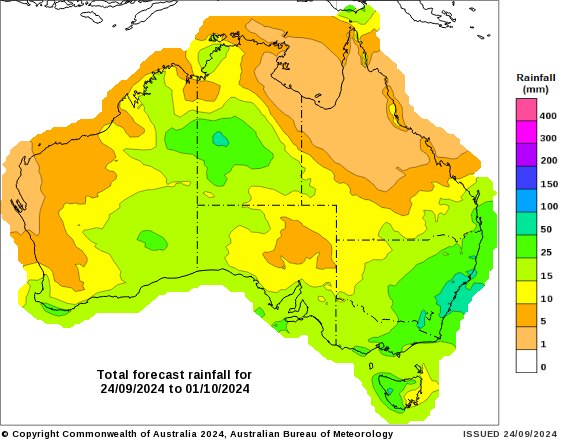 a map showing forecast rain across Australia. 