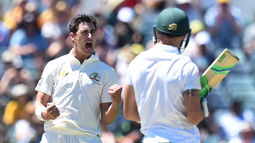 Mitchell Starc in ecstacy after taking wicket of Faf de Plessis