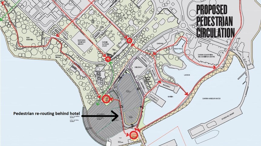 A map of the proposed rerouting of pedestrians behind the hotel rather than along the foreshore.