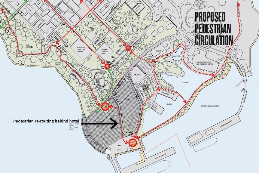 A map of the proposed rerouting of pedestrians behind the hotel rather than along the foreshore.