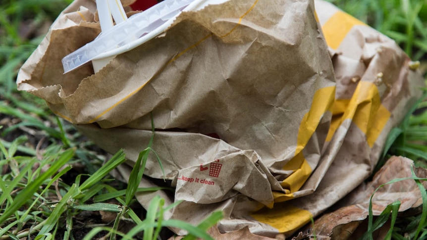 A paper bag containing a takeaway cup with plastic lid and straw sits crumpled in grass. Text on bag reads 'Keep it clean'.