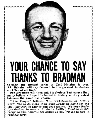 A newspaper column with a picture of Bradman's face and the headline "Your chance to say thanks to Bradman".