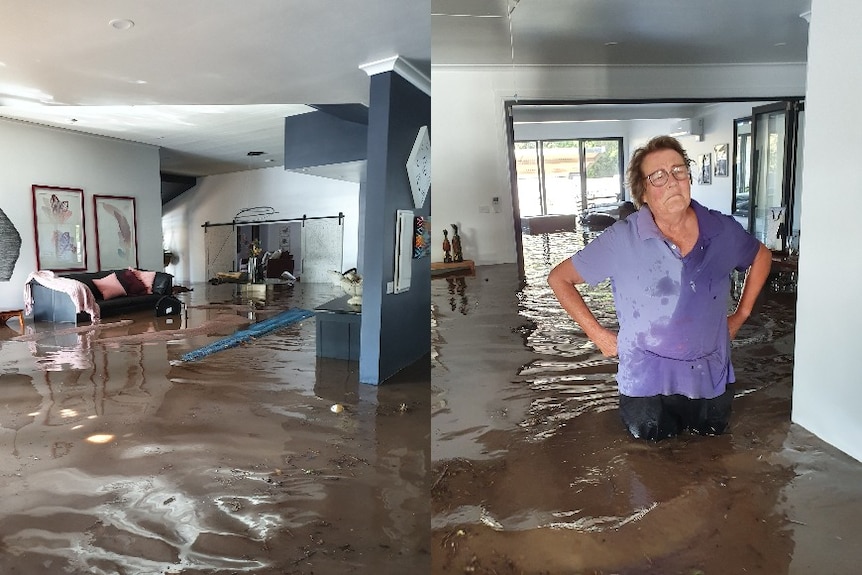Composite image of a flooded living room and a woman standing in flood waters.
