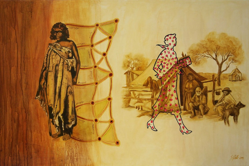 A painting with an Aboriginal woman on the left and the outline of a white woman on the right filled with flowers