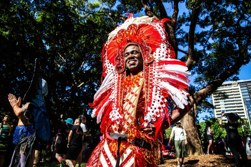 A man, wearing a outfit decorated with red feathers, poses for the camera