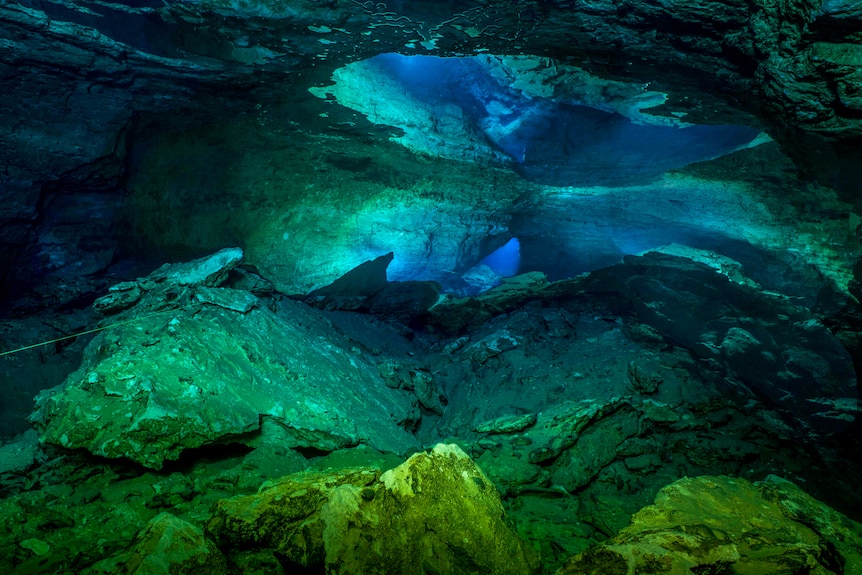 Blues and greens of an underwater cave