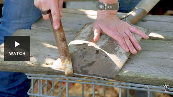 A metal file being used to sharpen the underside of a spade. Has Video.