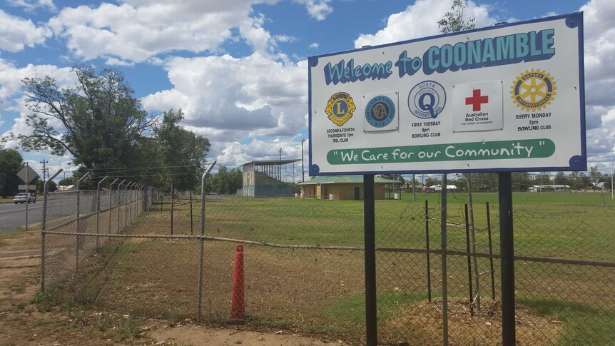 A 'Welcome to Coonamble' sign outside the town's football field