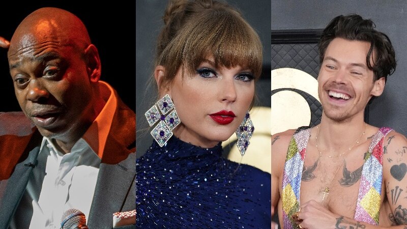 Composite close up headshots of Dave Chappelle, Taylor Swift and Harry Styles.