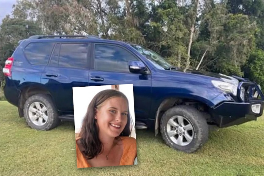A picture smiling young woman with long dark hair inset on a picture of a dark-coloured four-wheel drive.