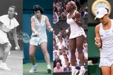Four female tennis players from different eras pictured in action.