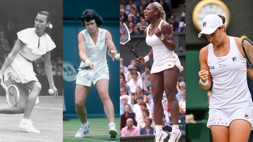 Four female tennis players from different eras pictured in action.