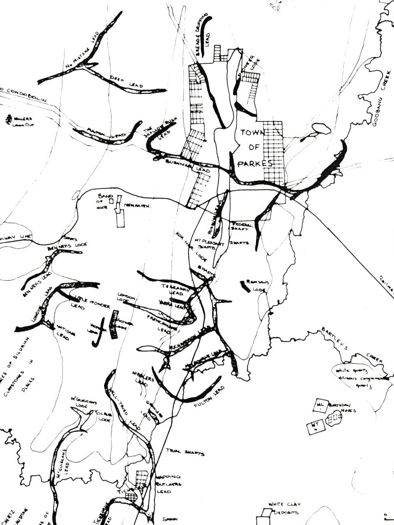 A black and white map showing a town's mines.