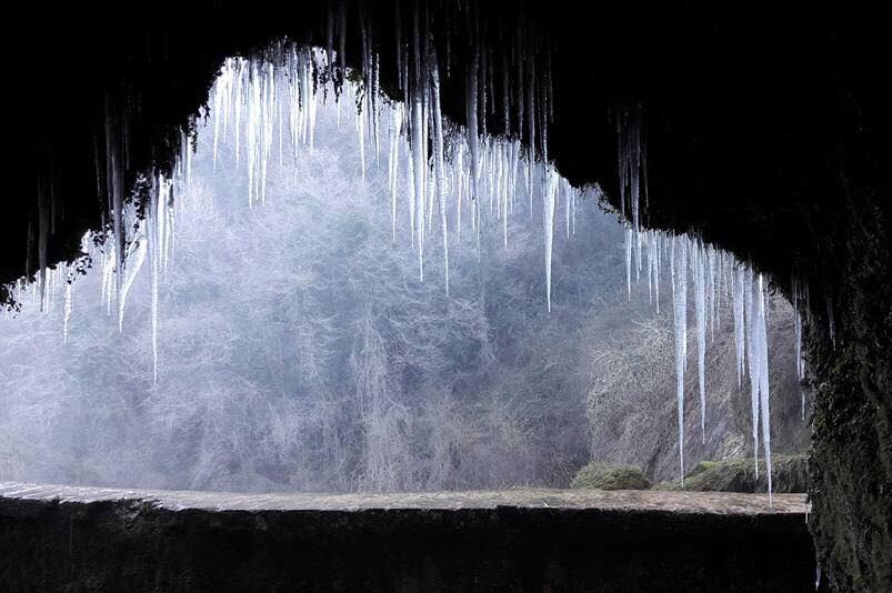 Water is frozen in the Marmore waterfall as cold weather hits Europe.