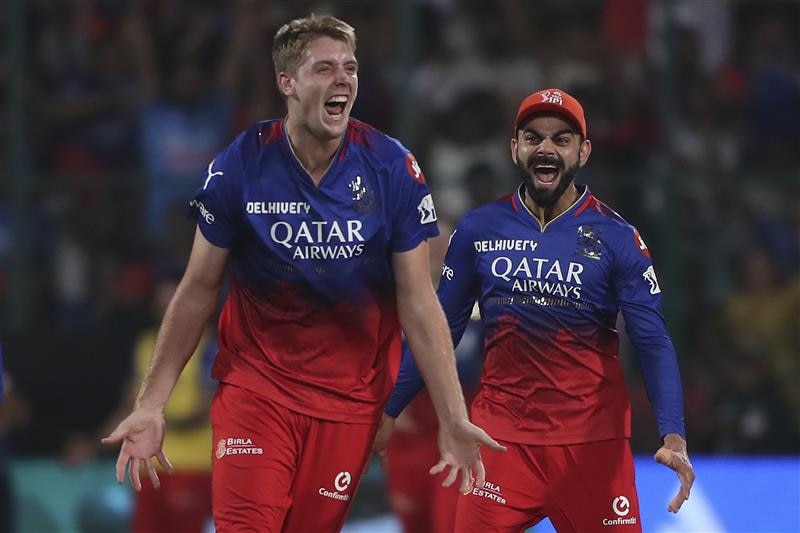 Cameron Green and Virat Kohli celebrate a wicket in the IPL, they scream with delight