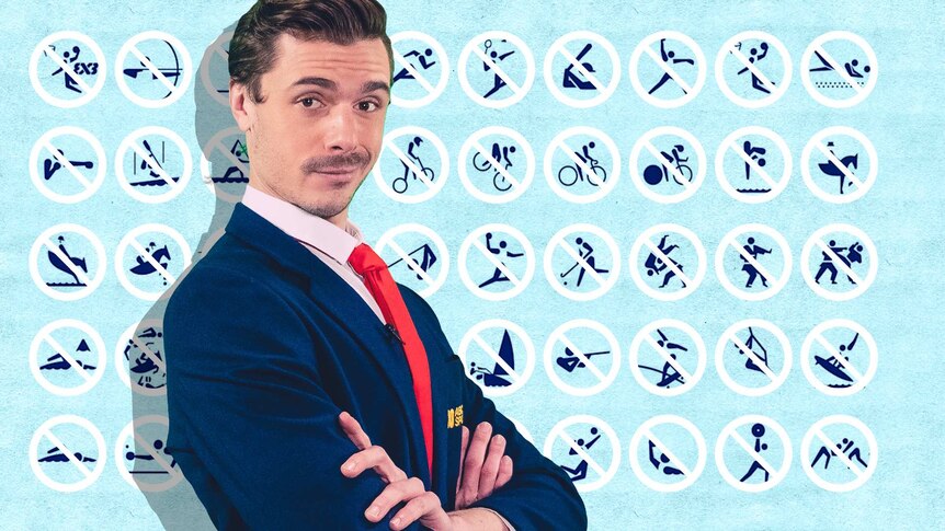 Jack dressed as a sports commentator stands in front of the Olympic sport icons with the banned symbol over the top of each one.