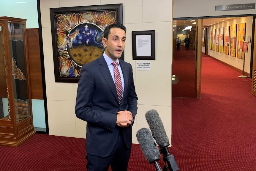 David Crisafulli talks in front of a microphone in a corridor.