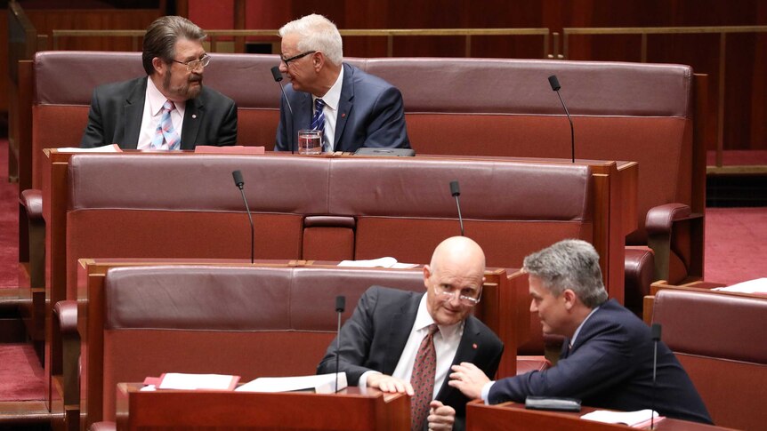 Derryn Hinch and Doug Cameron turn towards each other in the back row. Mathias Cormann leans in to David Leyonhjelm in the front