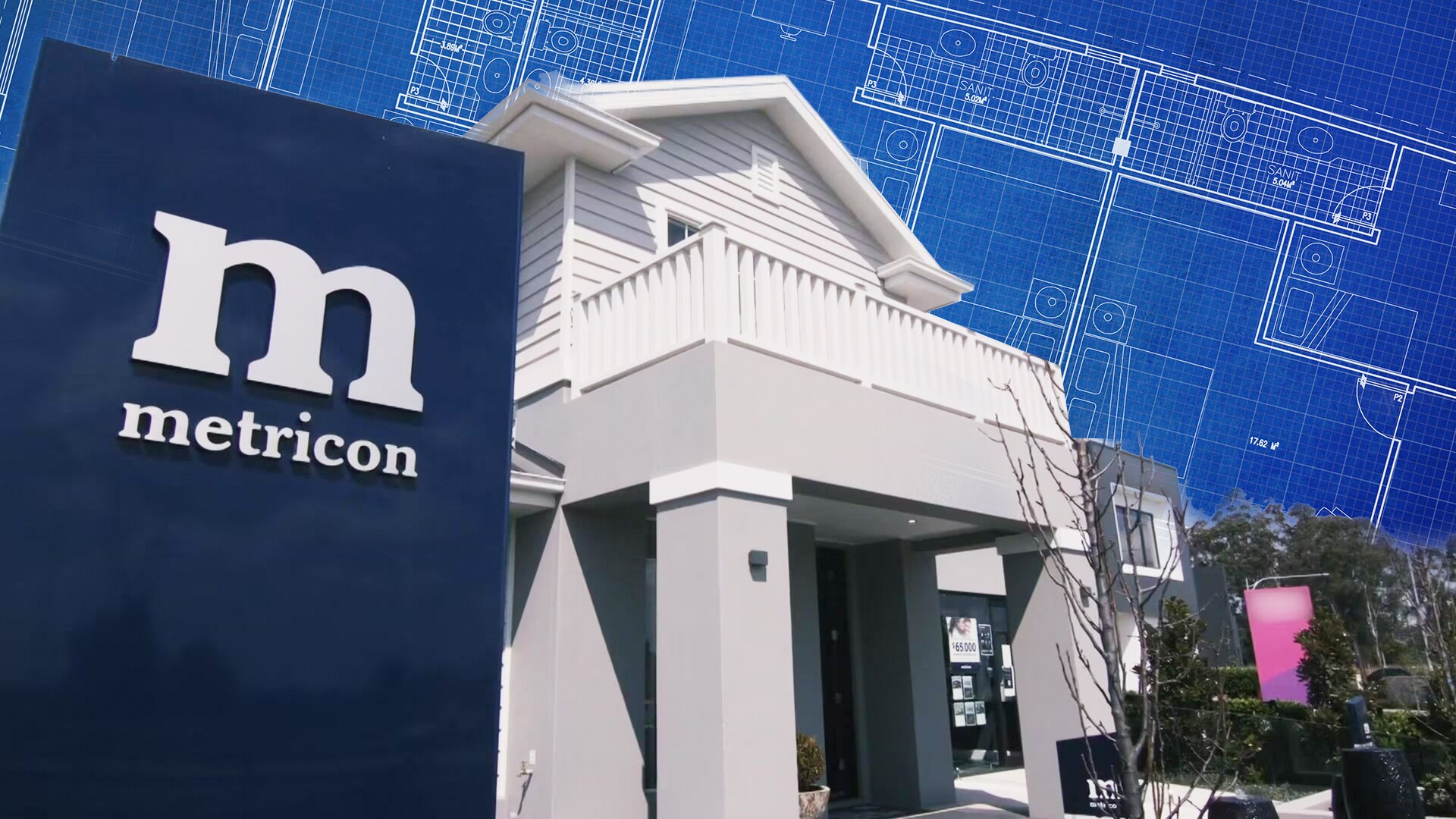 A graphic image shows the Metricon logo in front of a house