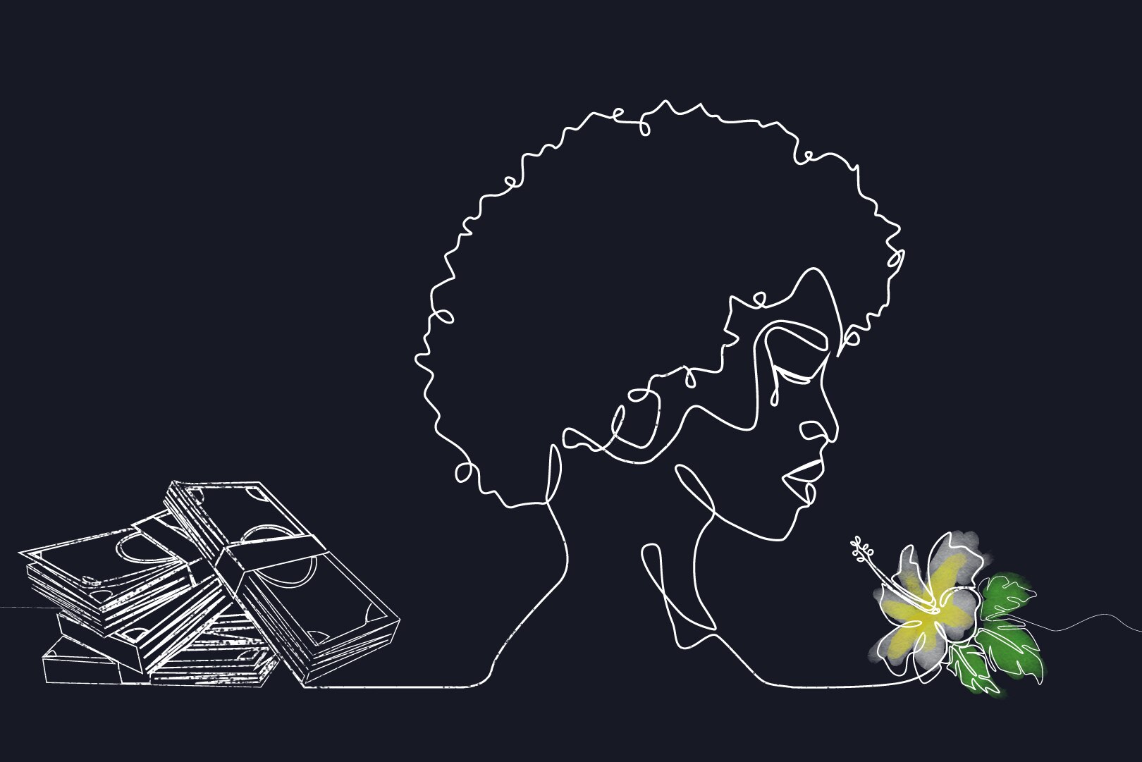 An illustration of a pile of cash next to a woman and a flower.