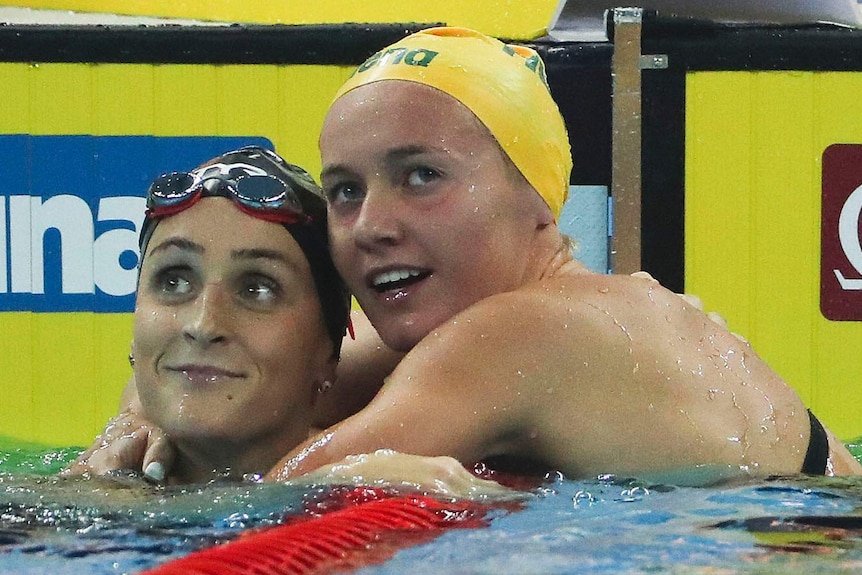 Australia's Ariarne Titmus (R), after winning 2018 women's 400m freestyle world short course title.