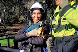 A smiling dark-haired woman holds her pet macaw, flanked by a firefighter.