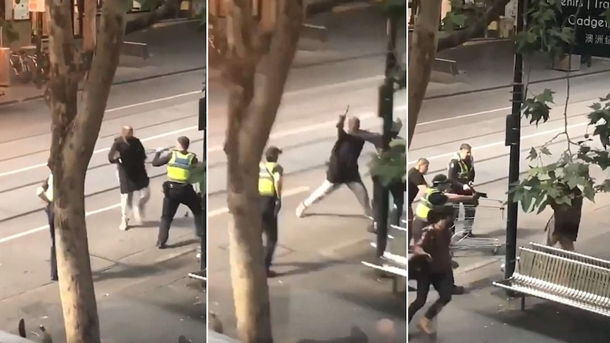 Three image panel of suspect attacking police and being tasered
