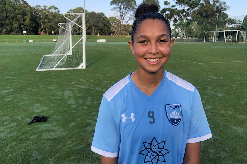 Allira Toby poses for a photograph after a Sydney FC W-League training session in 2021.