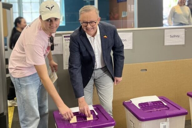 the prime minister anthony albanese and son nathan vote early in the october 14 indigenous referendum