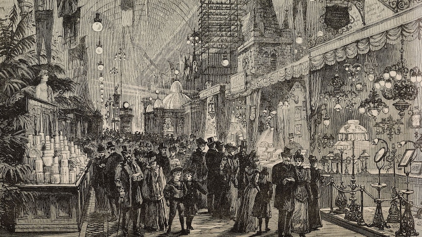 an engraving of visitors inside the Crystal Palace looking at the exhibits