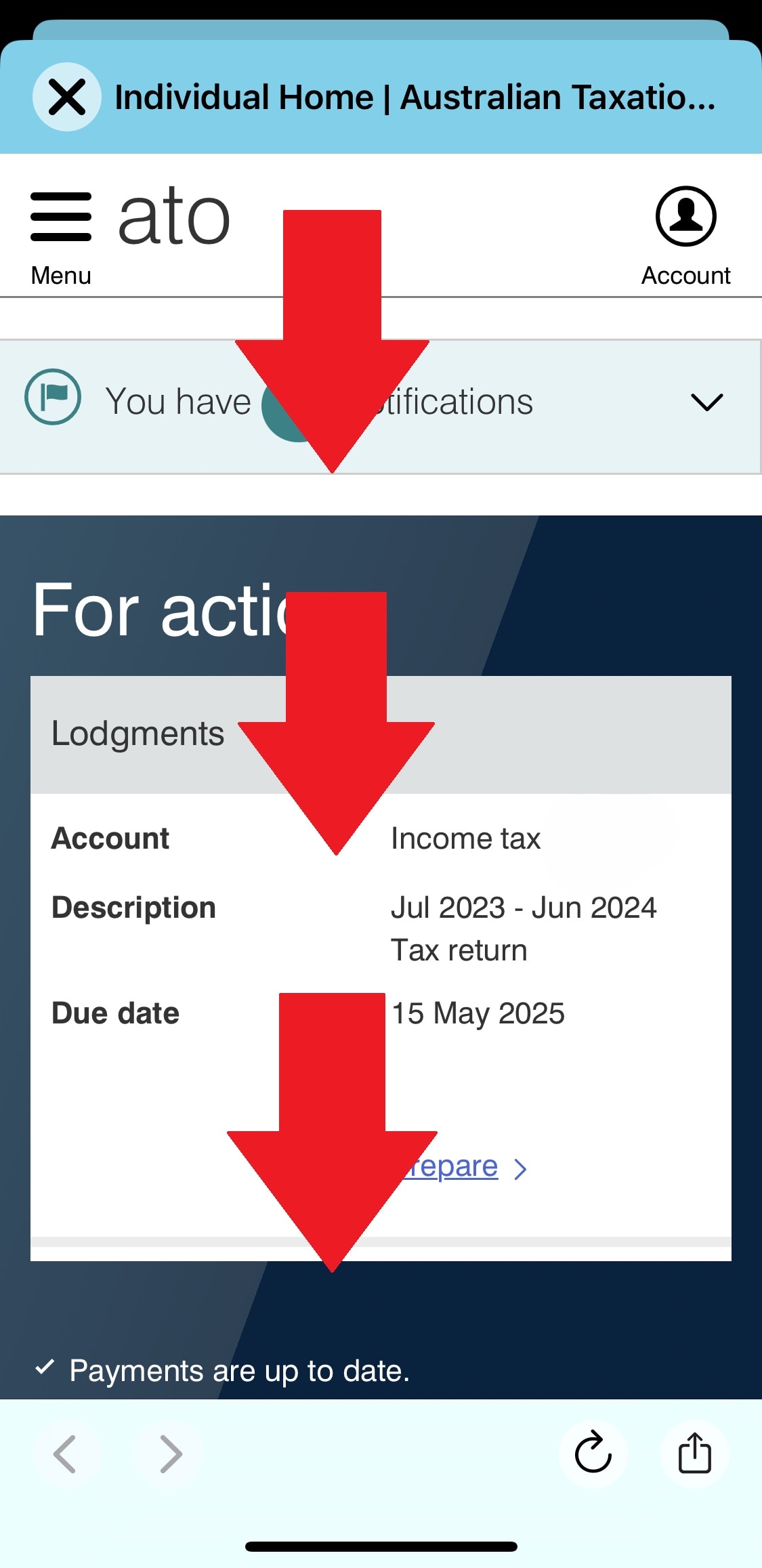 A screenshot of the ATO section of the MyGov app with three red arrows pointing downwards
