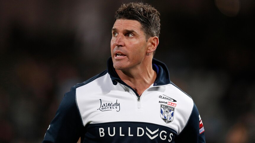 Trent Barrett looks to his right during a Canterbury NRL match in 2021.