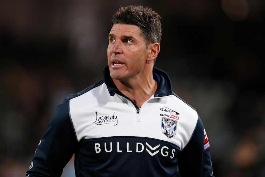 Trent Barrett looks to his right during a Canterbury NRL match in 2021.