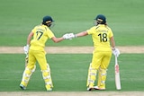 Two women celebrate during a cricket match