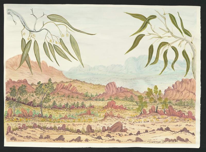 A painting of a beautiful red, rocky valley in Central Australia with gum leaves in foreground