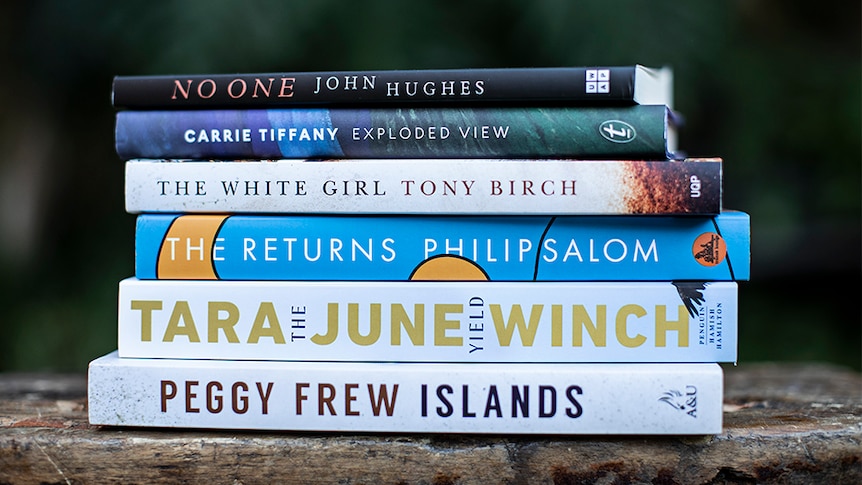 A stack of the books shortlisted for the Miles Franklin literary award