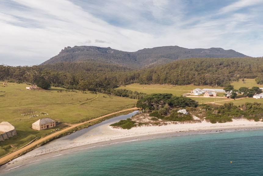 Drone shot of Maria Island in Tasmania