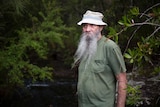 A man with a long bushy beard wearing a bucket hat stands in the forest