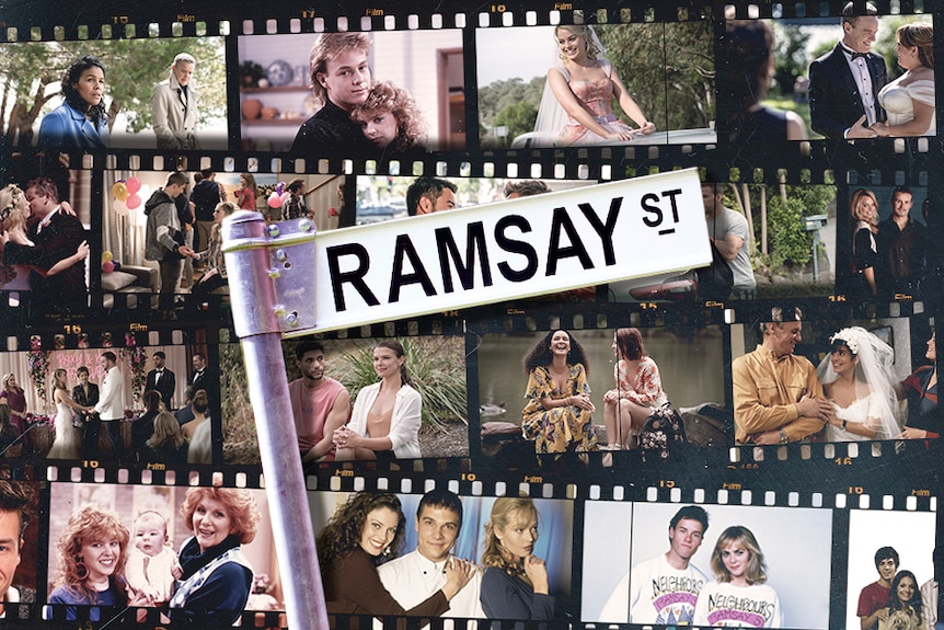 A graphic of scenes from the show Neighbours with a street sign saying "Ramsay St" in the centre