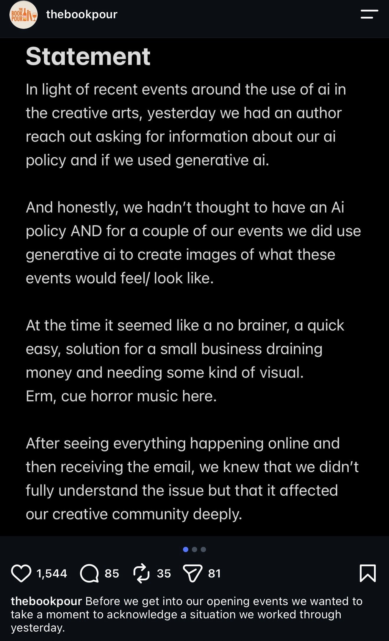 A post on instagram apologising for using AI
