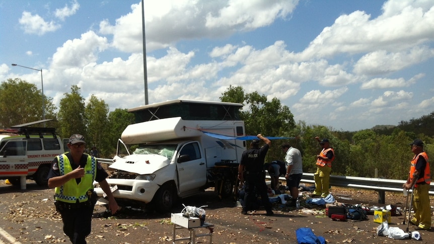 Two injured as campervan, road train collide