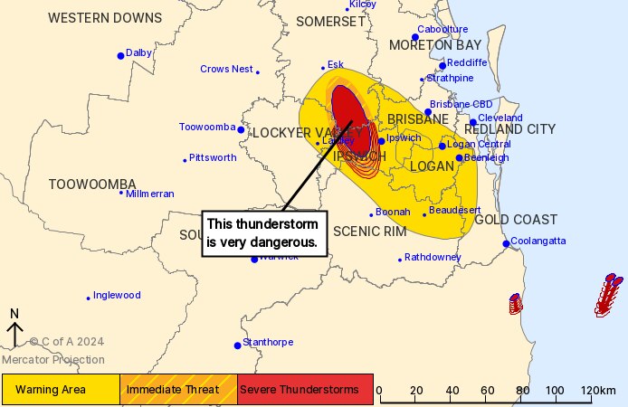 A large red oval shape representing a storm sits to the west of Brisbane on a weather map.