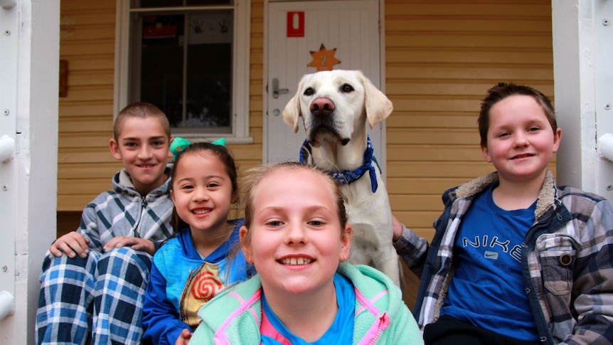 Ajax the Labrador sitting with four students at Trundle Central School