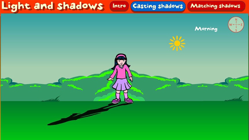 Cartoon image of girl standing in landscape with shadow