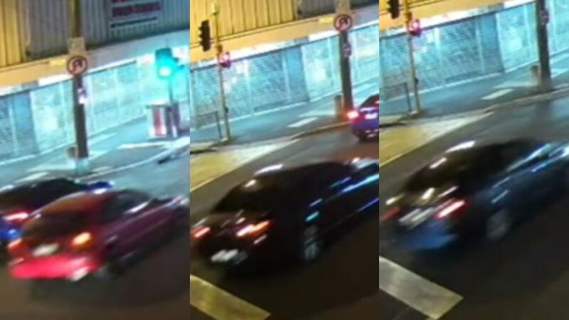 A composite image of a red car and two black cars captured on CCTV footage.