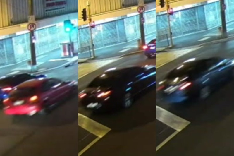 A composite image of a red car and two black cars captured on CCTV footage.