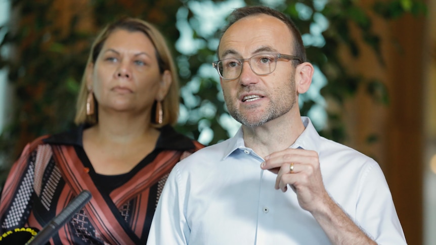 Adam Bandt speaks at a press conference with Dorinda Cox behind him