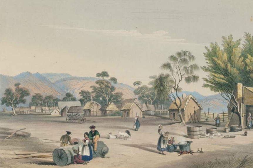 A lithograph showing German settlers at Bethany, in South Australia's Barossa Valley, in the 1840s.