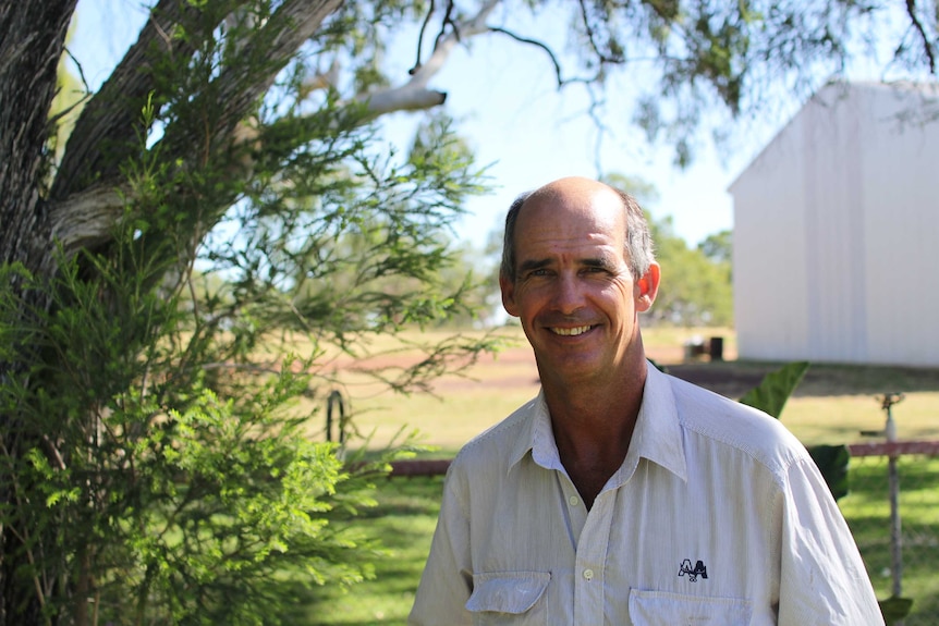 a man standing infront of a tree with a shed in the background