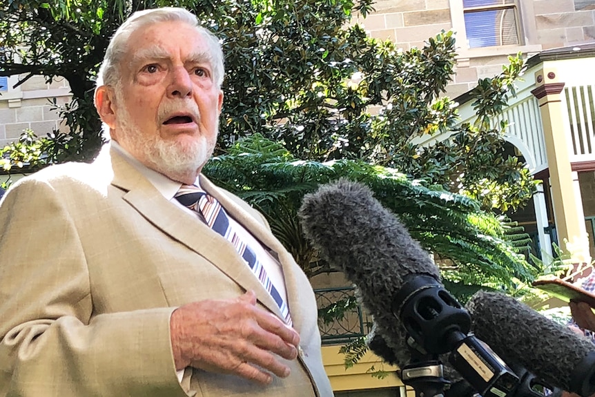 Lady Cilento's son, David Cilento, speaks to the media at Parliament House in Brisbane.